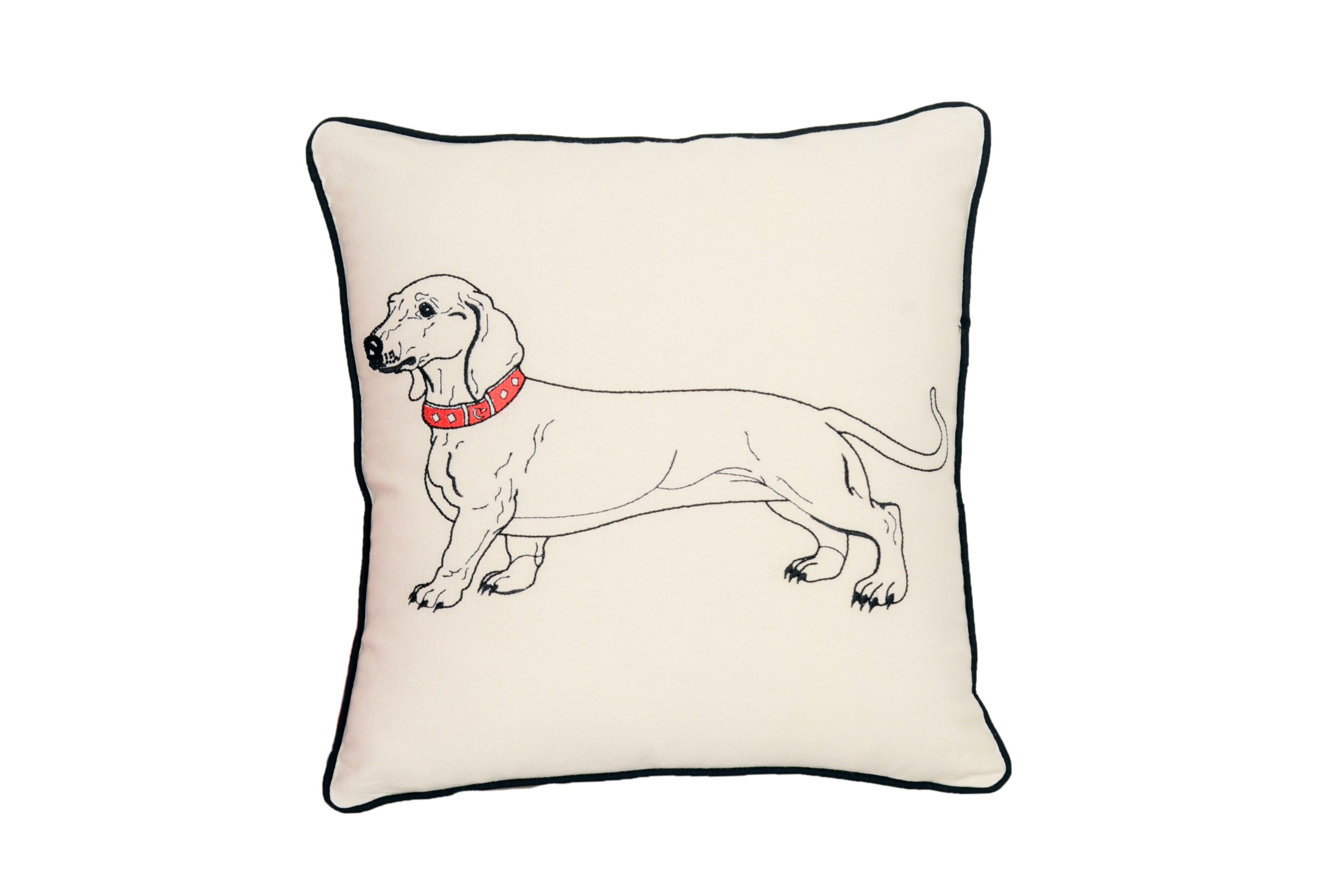 Dachsund Dog Pillow featuring embroidered design on 100% cotton canvas, with black piping and zipper opening.