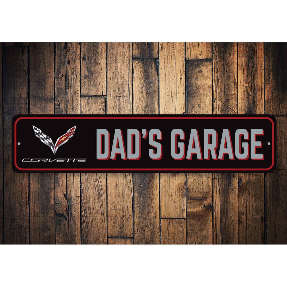 Dads Corvette Garage Sign made of high-quality aluminum, featuring customizable text and pre-drilled holes for easy mounting.