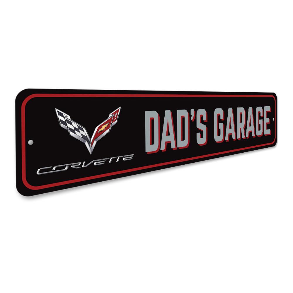 Dads Corvette Garage Sign made of high-quality aluminum, featuring customizable text and pre-drilled holes for easy mounting.