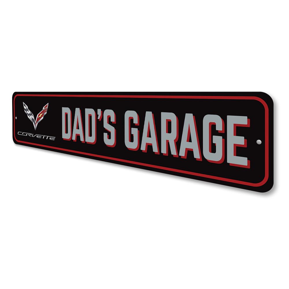 Dads Corvette Garage Sign made of high-quality aluminum, featuring customizable text and pre-drilled holes for easy mounting.