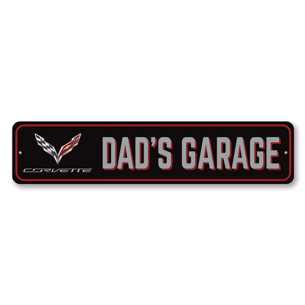 Dads Corvette Garage Sign made of high-quality aluminum, featuring customizable text and pre-drilled holes for easy mounting.