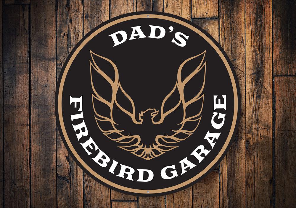 Dad's Firebird Garage Car Sign made of high-quality aluminum, featuring vibrant colors and customizable text, perfect for garage decor.