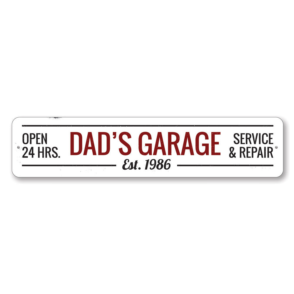 A decorative Dads Garage Sign made of high-quality aluminum, featuring customizable text and pre-drilled holes for easy mounting.