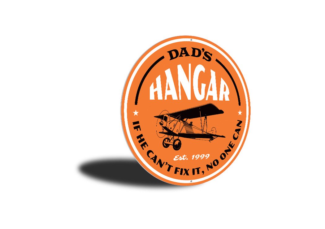 Dad's Hangar Est Year Aviation Sign made of high-quality aluminum, featuring customizable text and pre-drilled holes for easy mounting.