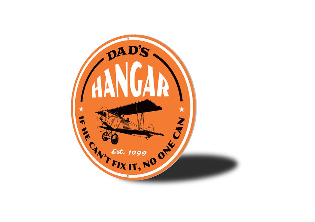 Dad's Hangar Est Year Aviation Sign made of high-quality aluminum, featuring customizable text and pre-drilled holes for easy mounting.