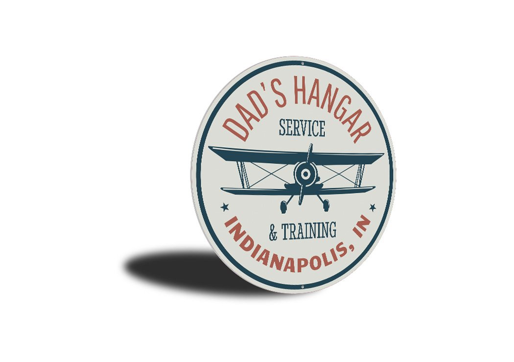 Dad's Hangar Service and Training City State Sign made of durable aluminum, featuring customizable text and pre-drilled holes for easy mounting.