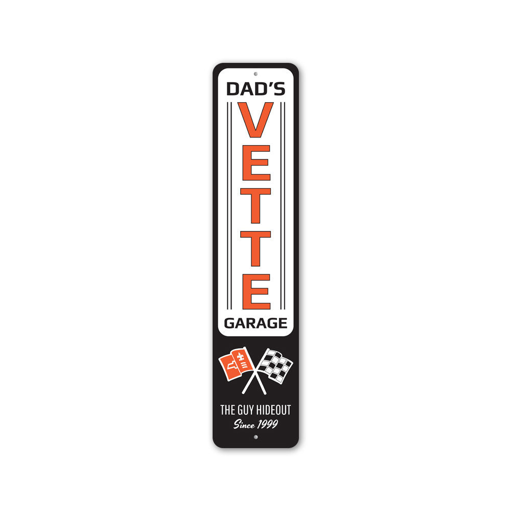 Dad's Vette Garage Sign made of high-quality aluminum, featuring a classic car design, perfect for automotive enthusiasts.