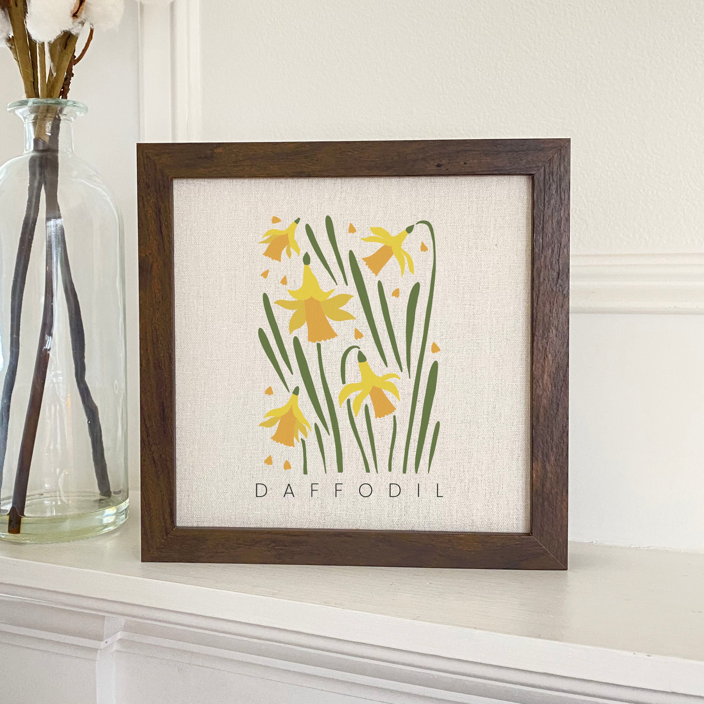 Daffodil framed sign with a stylized wood frame, featuring eco-friendly printing on a linen-look background.