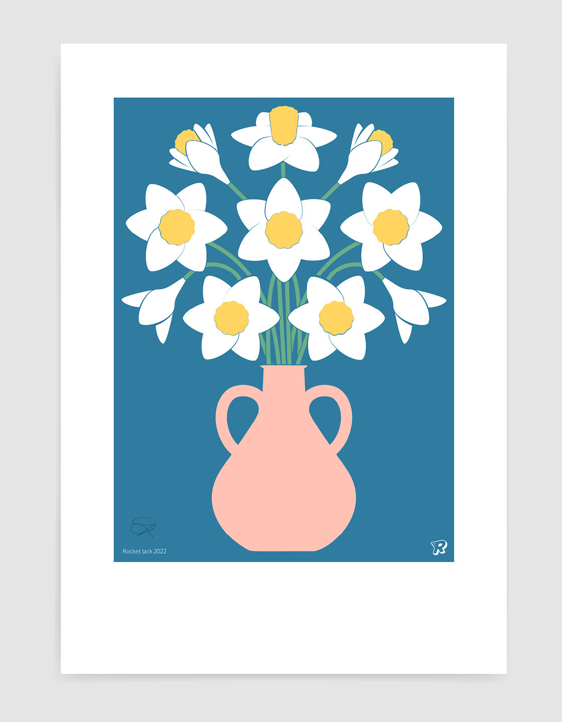 A vibrant Daffodils print inspired by vintage flower market posters, showcasing bright yellow flowers against a soft background.