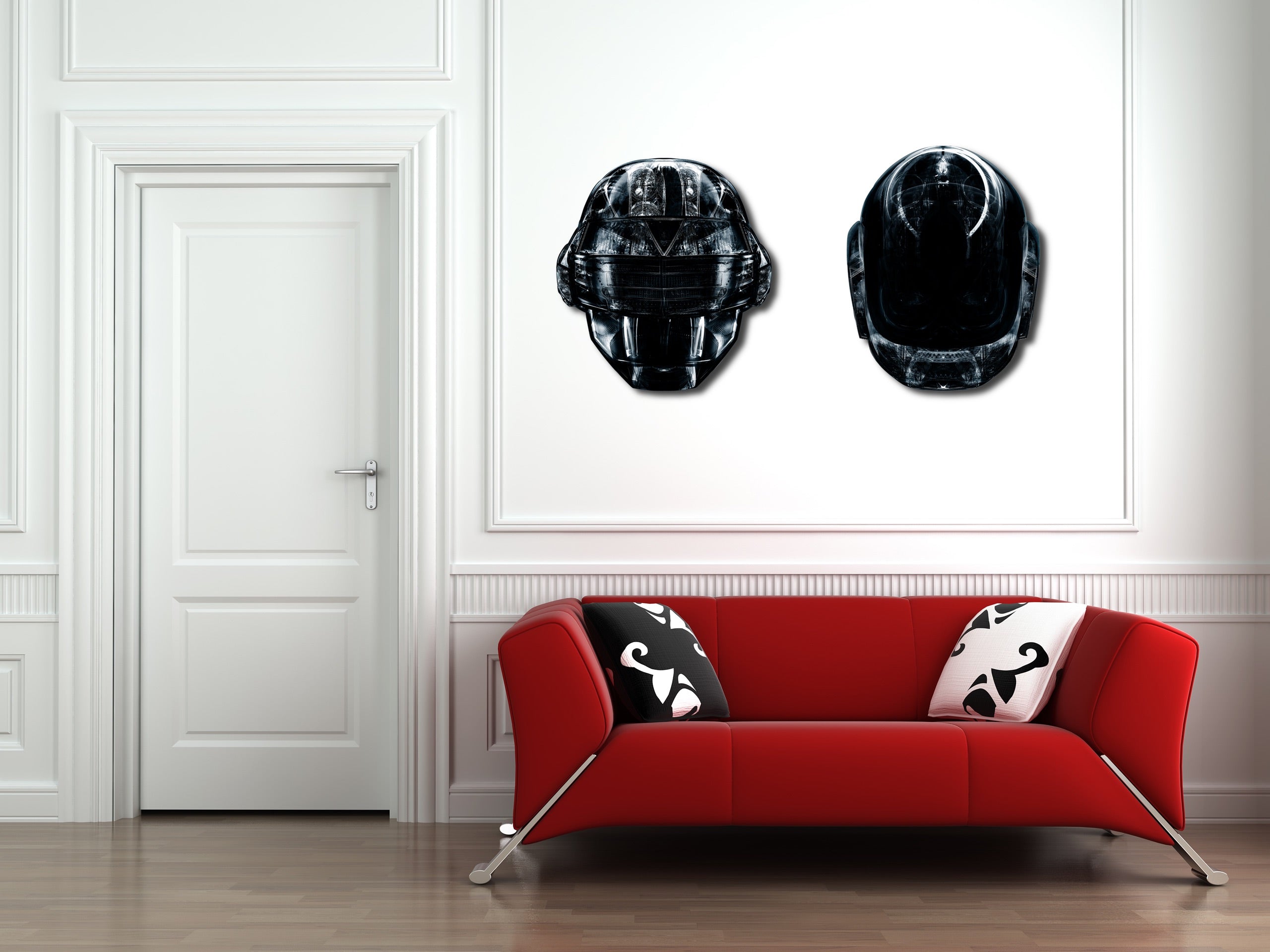 DAFT BLACK Edition wall art by RUBIANT, featuring two heads on a 3mm aluminum plate, available in two sizes.