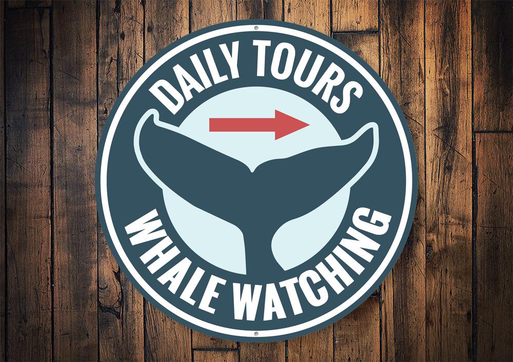 Daily Whale Watching Sign made of durable aluminum, featuring a coastal design perfect for beach houses and restaurants.