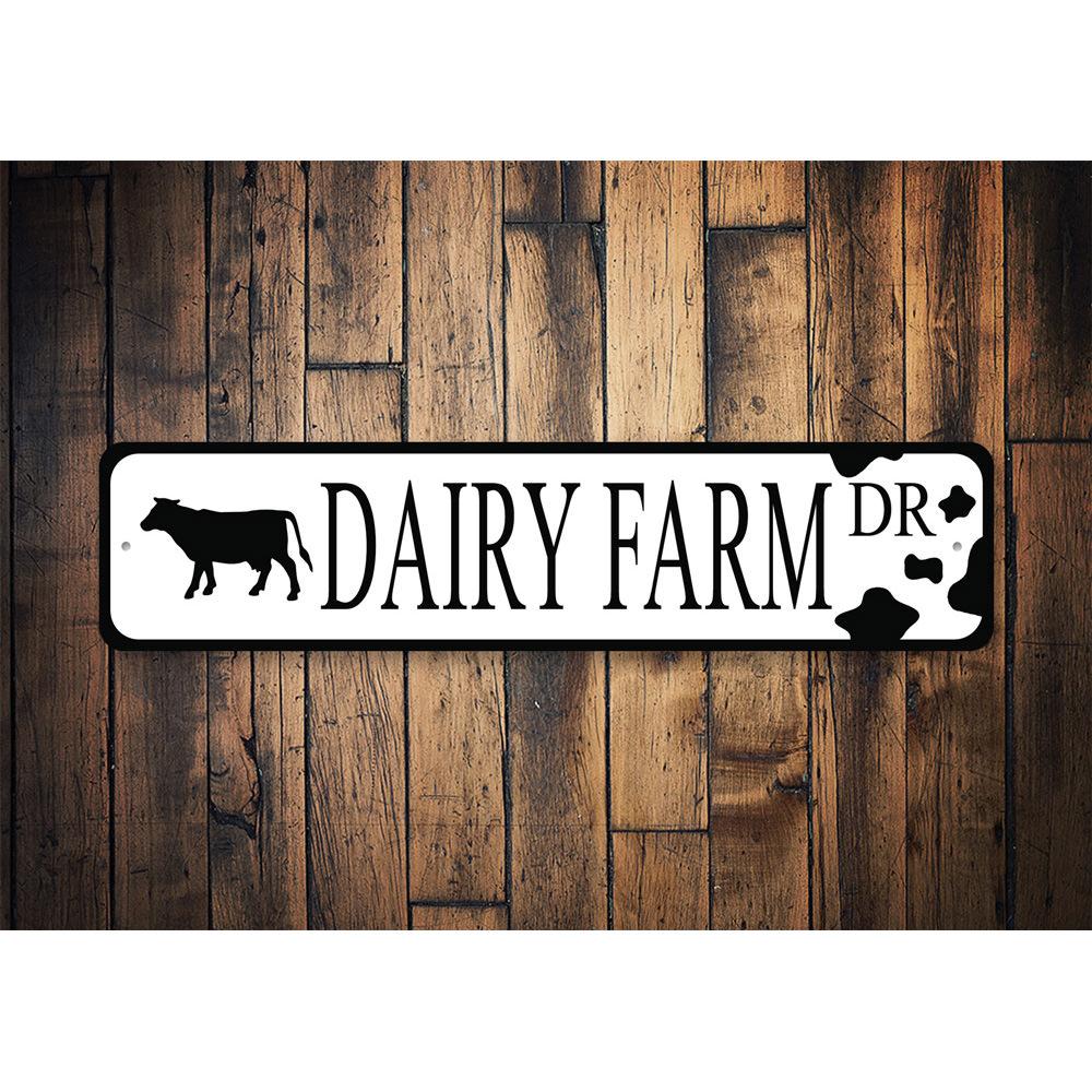 A custom Dairy Farm Street Sign made from high-quality aluminum, featuring a rustic design suitable for indoor and outdoor decor.