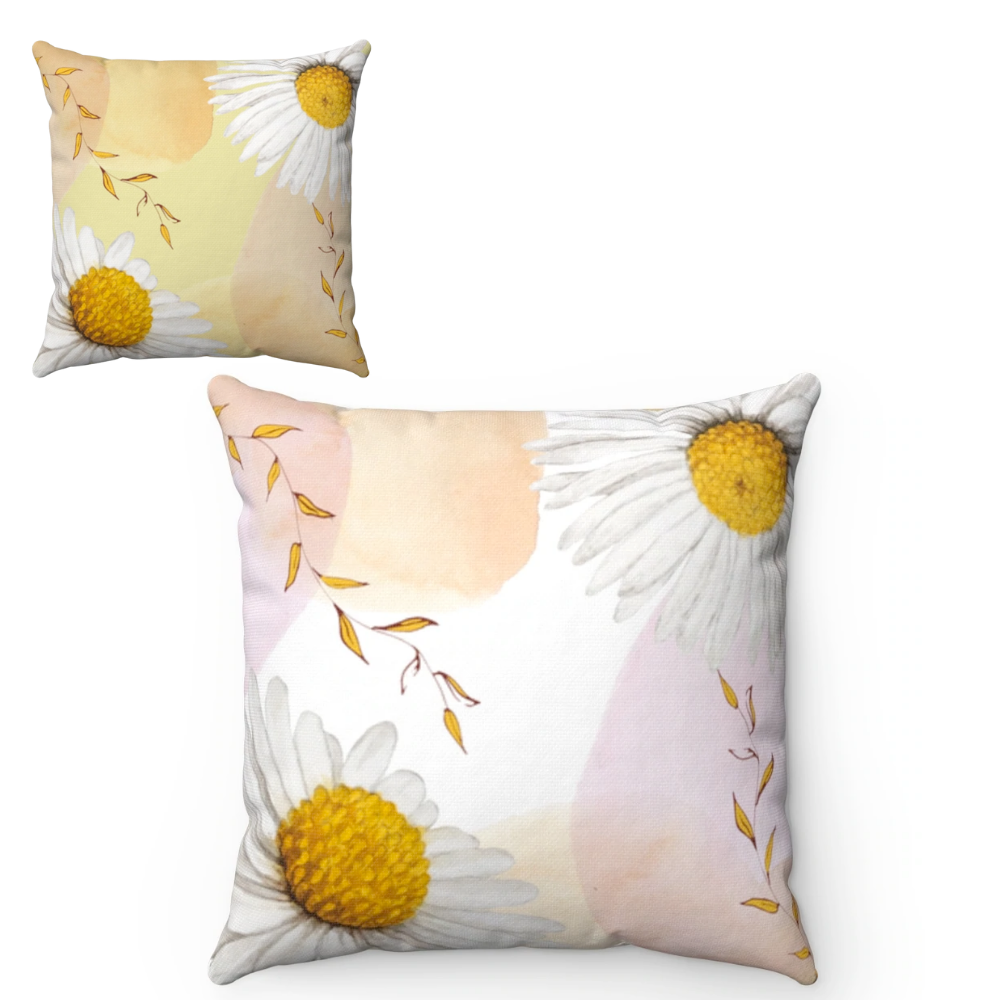 Daisies Cushion featuring a vibrant daisies print, showcasing its double-sided design and concealed zipper, available in four sizes.