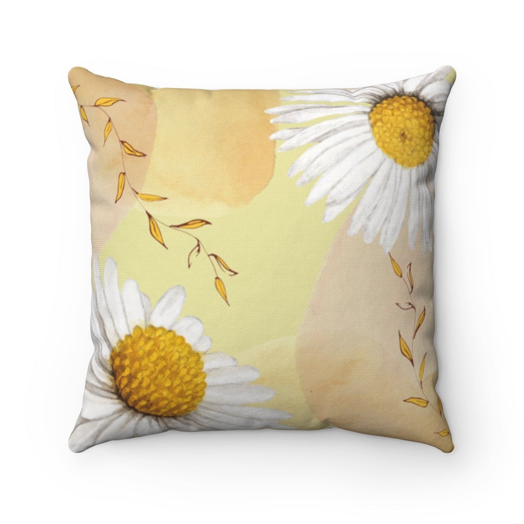 Daisies Cushion featuring a vibrant daisies print, showcasing its double-sided design and concealed zipper, available in four sizes.