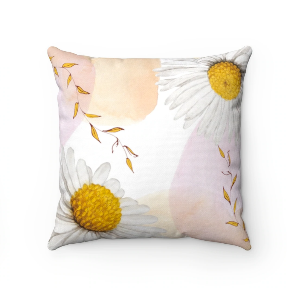 Daisies Cushion featuring a vibrant daisies print, showcasing its double-sided design and concealed zipper, available in four sizes.