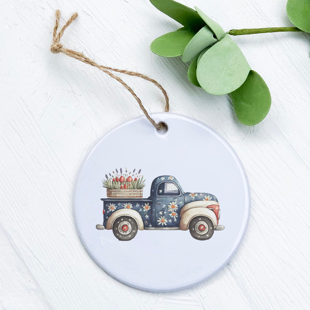 Daisy Farmhouse Truck Ornament made of high-quality porcelain with a vibrant design, perfect for holiday decor or gifting.