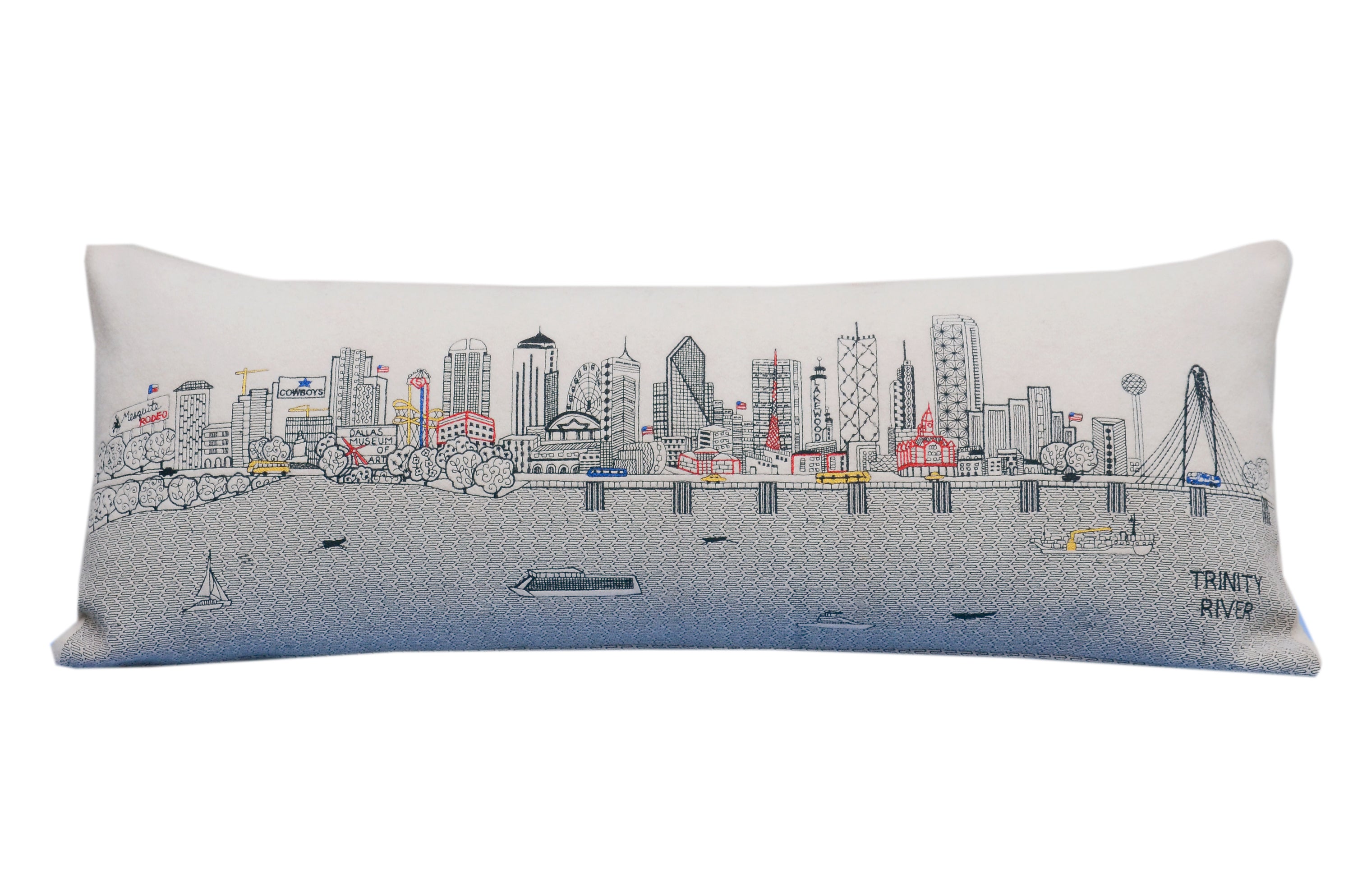 Dallas Pillow featuring whimsical city-themed embroidery with a red zipper, made from wool and nylon blend.