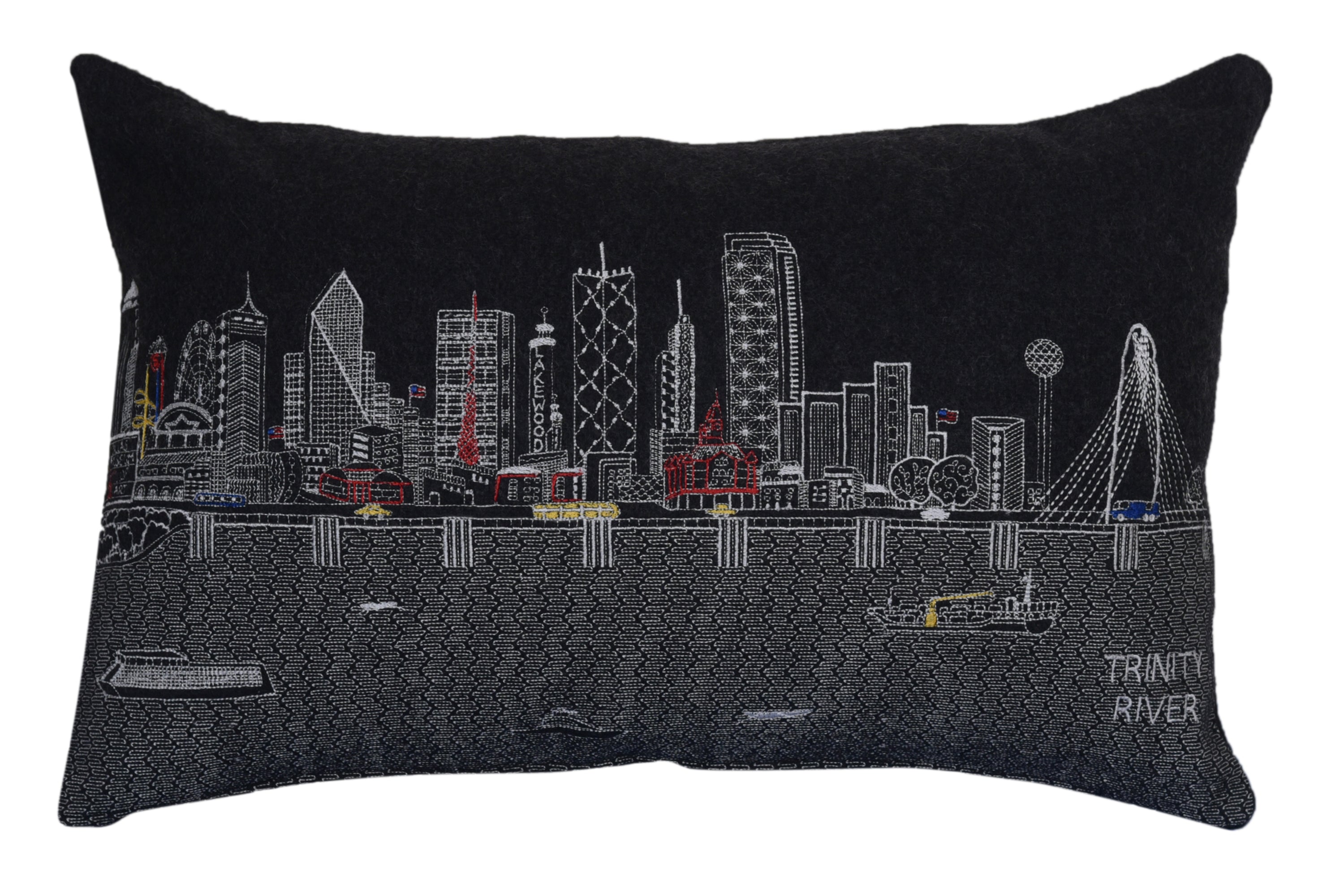 Dallas Pillow featuring whimsical city-themed embroidery with a red zipper, made from wool and nylon blend.