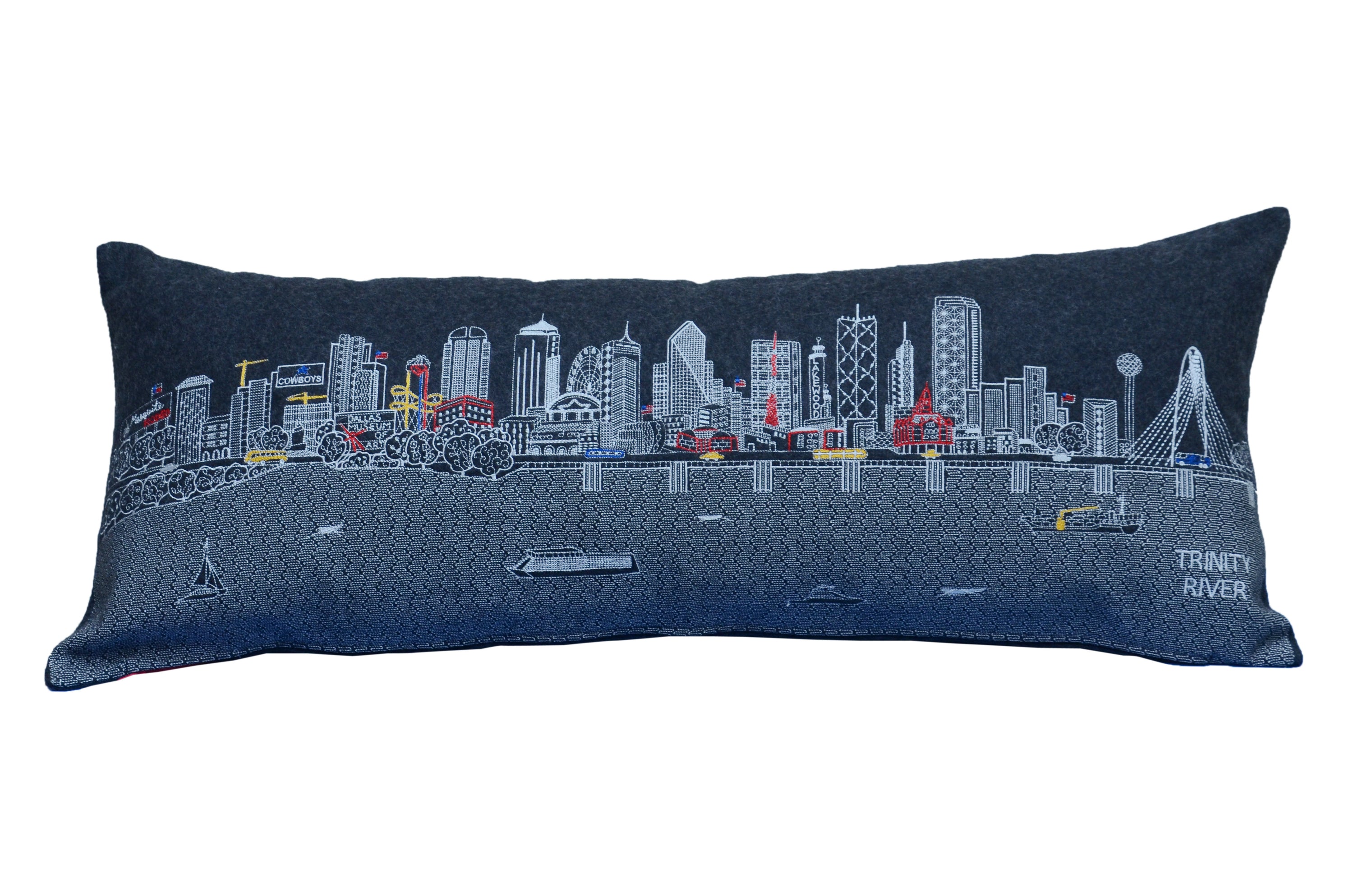 Dallas Pillow featuring whimsical city-themed embroidery with a red zipper, made from wool and nylon blend.