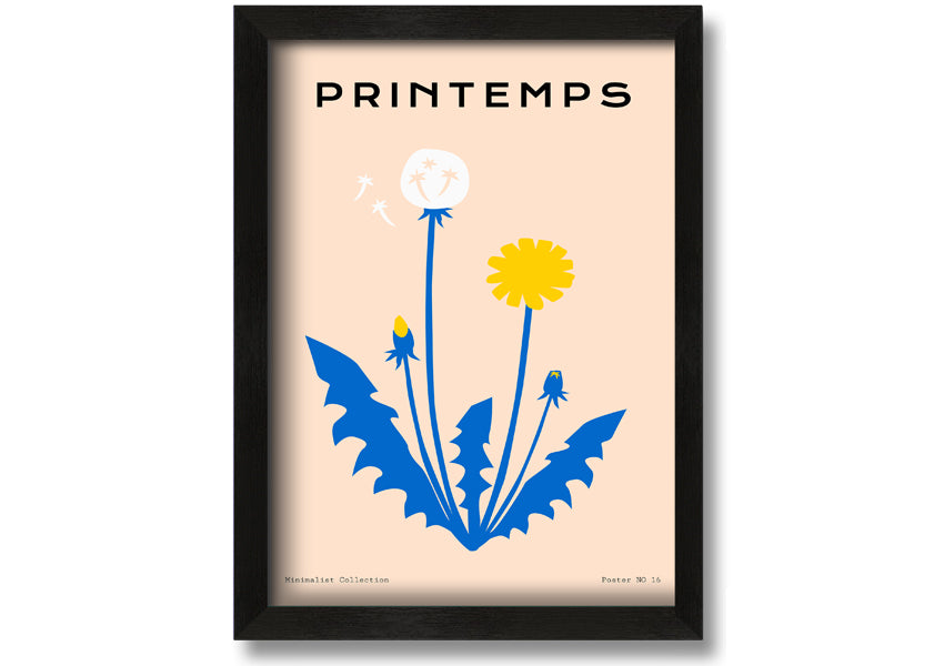 A beautifully framed print of a dandelion in spring, showcasing delicate details and vibrant colors, available in various frame options.