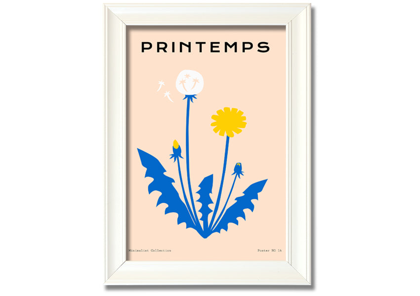 A beautifully framed print of a dandelion in spring, showcasing delicate details and vibrant colors, available in various frame options.