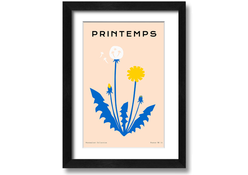 A beautifully framed print of a dandelion in spring, showcasing delicate details and vibrant colors, available in various frame options.