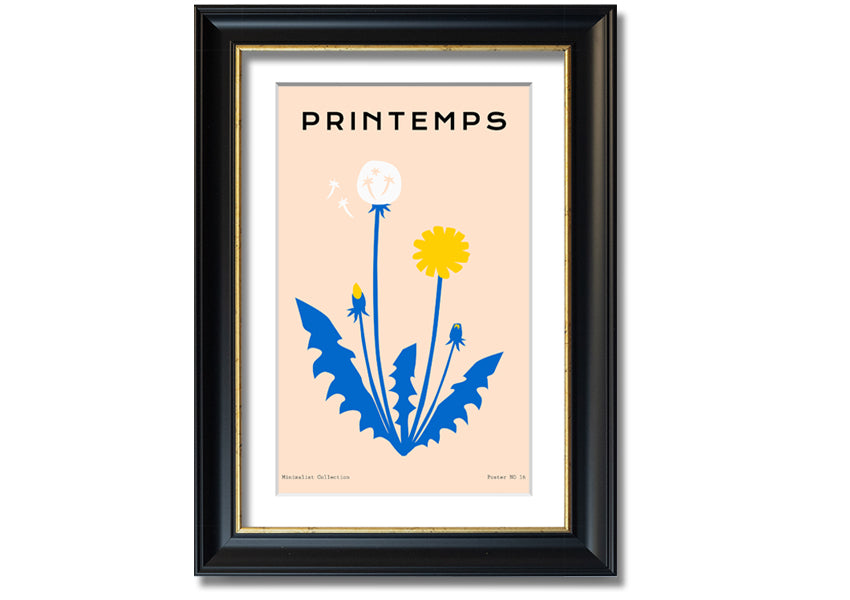 A beautifully framed print of a dandelion in spring, showcasing delicate details and vibrant colors, available in various frame options.