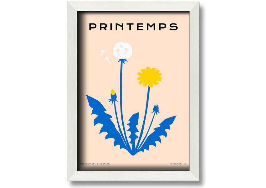 A beautifully framed print of a dandelion in spring, showcasing delicate details and vibrant colors, available in various frame options.