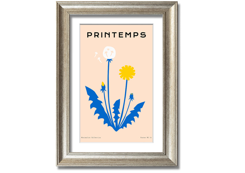 A beautifully framed print of a dandelion in spring, showcasing delicate details and vibrant colors, available in various frame options.