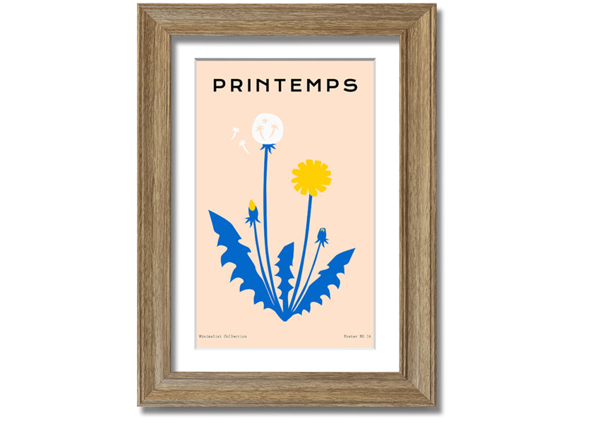 A beautifully framed print of a dandelion in spring, showcasing delicate details and vibrant colors, available in various frame options.