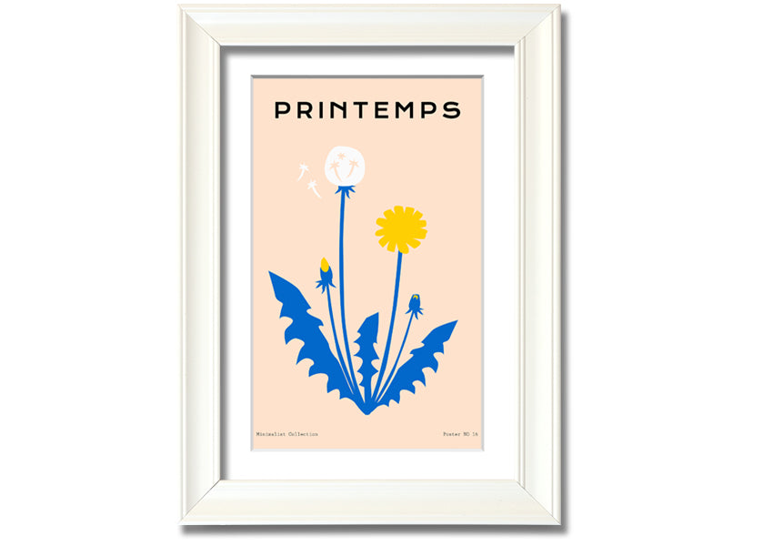 A beautifully framed print of a dandelion in spring, showcasing delicate details and vibrant colors, available in various frame options.