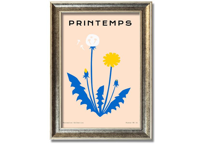 A beautifully framed print of a dandelion in spring, showcasing delicate details and vibrant colors, available in various frame options.