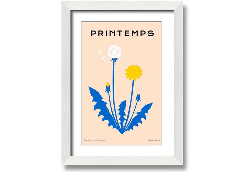 A beautifully framed print of a dandelion in spring, showcasing delicate details and vibrant colors, available in various frame options.