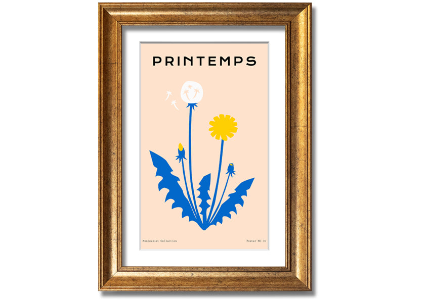 A beautifully framed print of a dandelion in spring, showcasing delicate details and vibrant colors, available in various frame options.