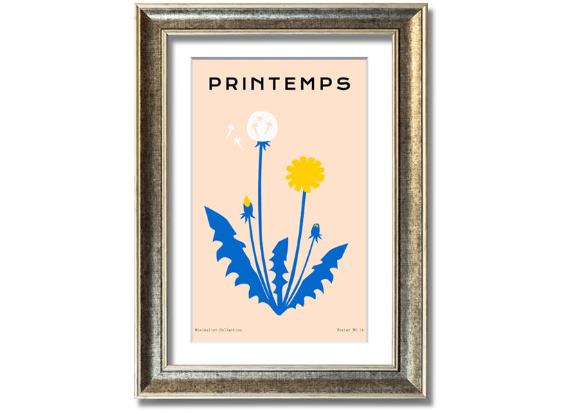 A beautifully framed print of a dandelion in spring, showcasing delicate details and vibrant colors, available in various frame options.