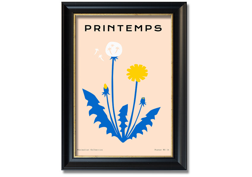 A beautifully framed print of a dandelion in spring, showcasing delicate details and vibrant colors, available in various frame options.