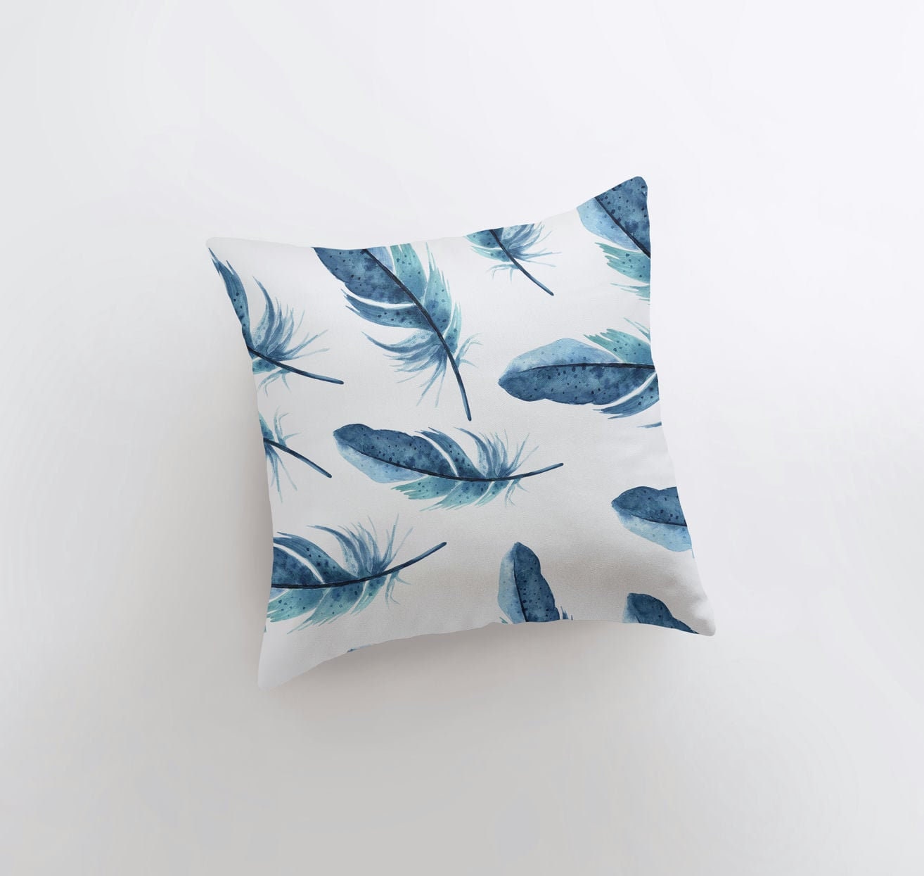 Dark blue feather patterned pillow cover, showcasing a unique design for bird lovers, with a concealed zipper and double-sided print.