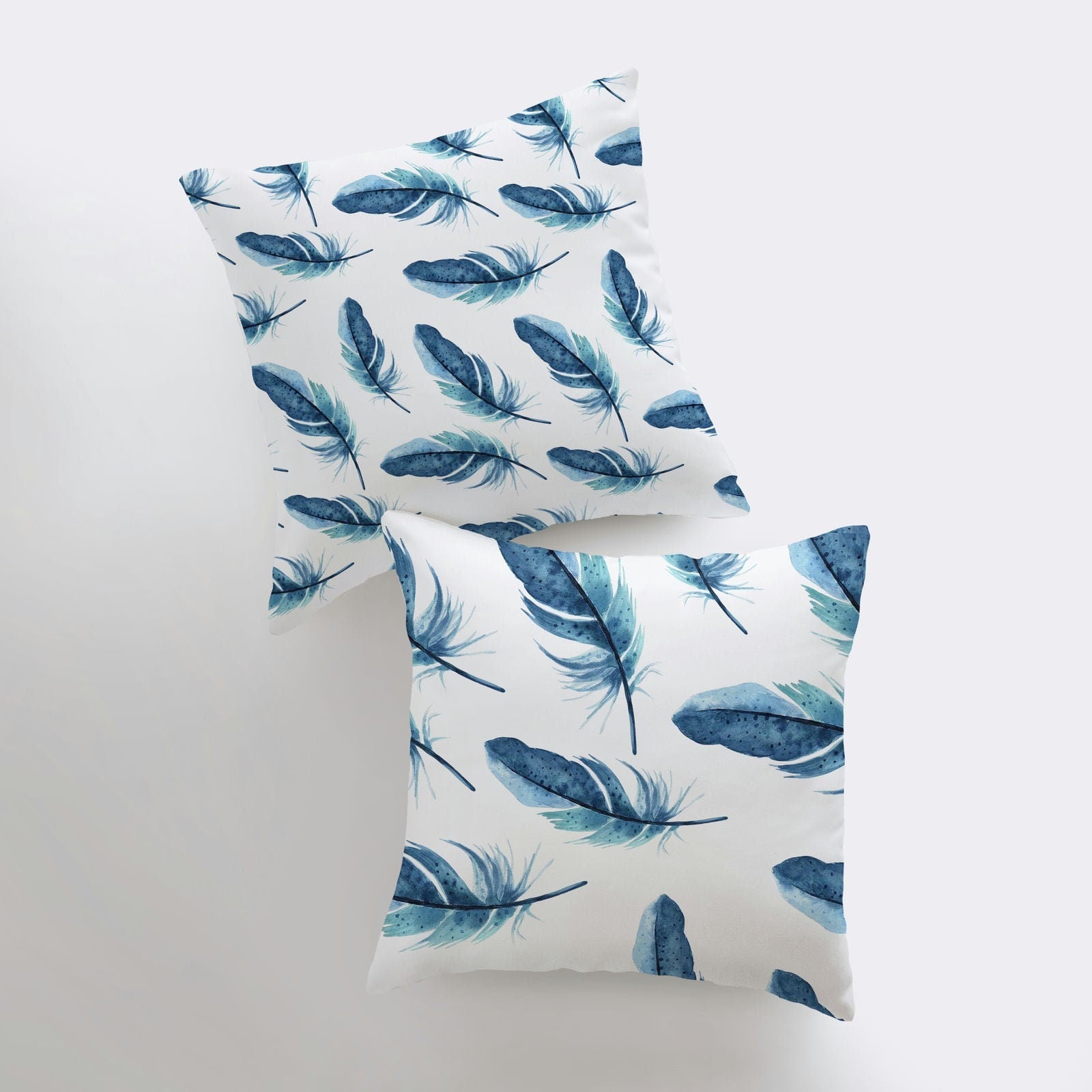 Dark blue feather patterned pillow cover, showcasing a unique design for bird lovers, with a concealed zipper and double-sided print.