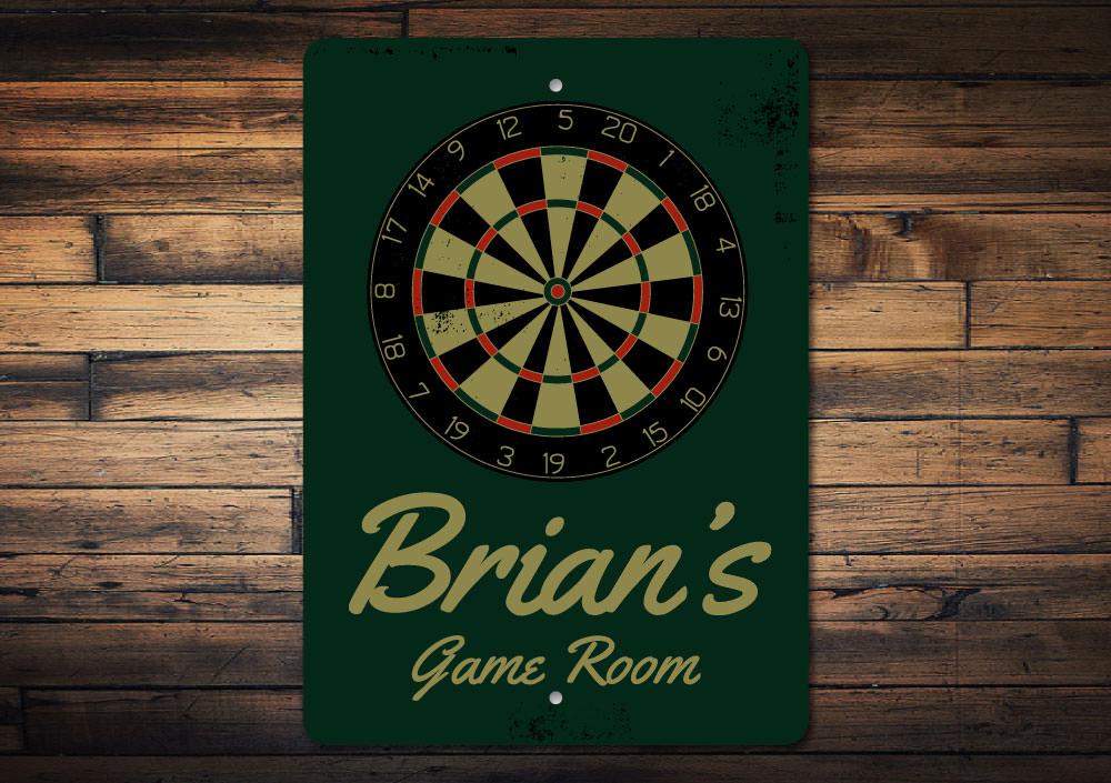 Customizable Dart Board Sign made of high-quality aluminum, perfect for game rooms and man caves, featuring pre-drilled holes for easy mounting.