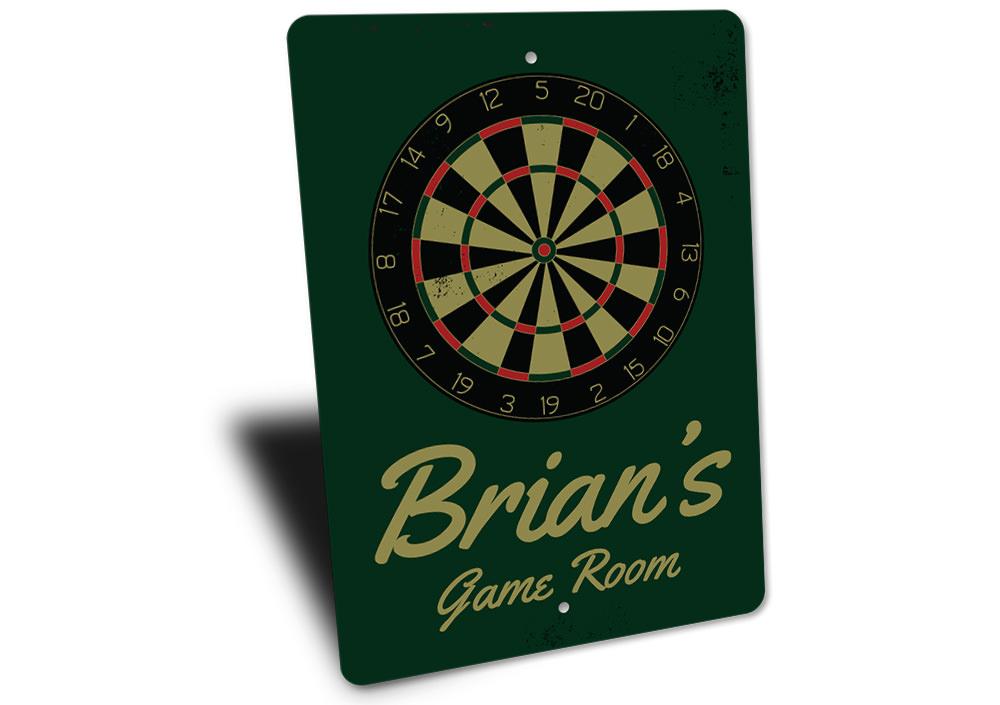 Customizable Dart Board Sign made of high-quality aluminum, perfect for game rooms and man caves, featuring pre-drilled holes for easy mounting.