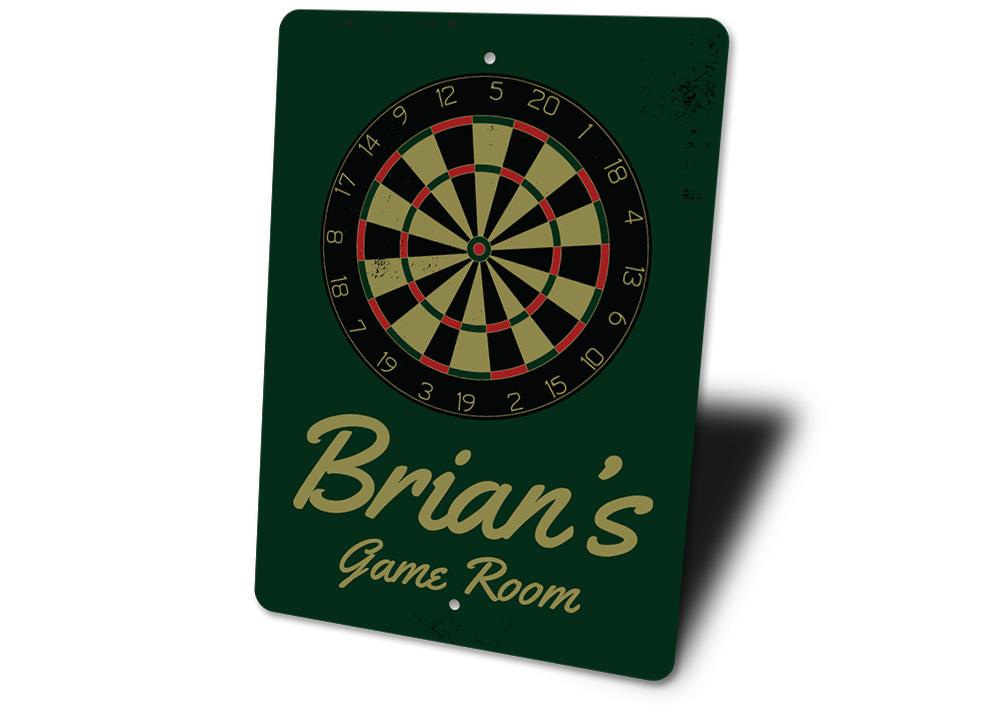 Customizable Dart Board Sign made of high-quality aluminum, perfect for game rooms and man caves, featuring pre-drilled holes for easy mounting.