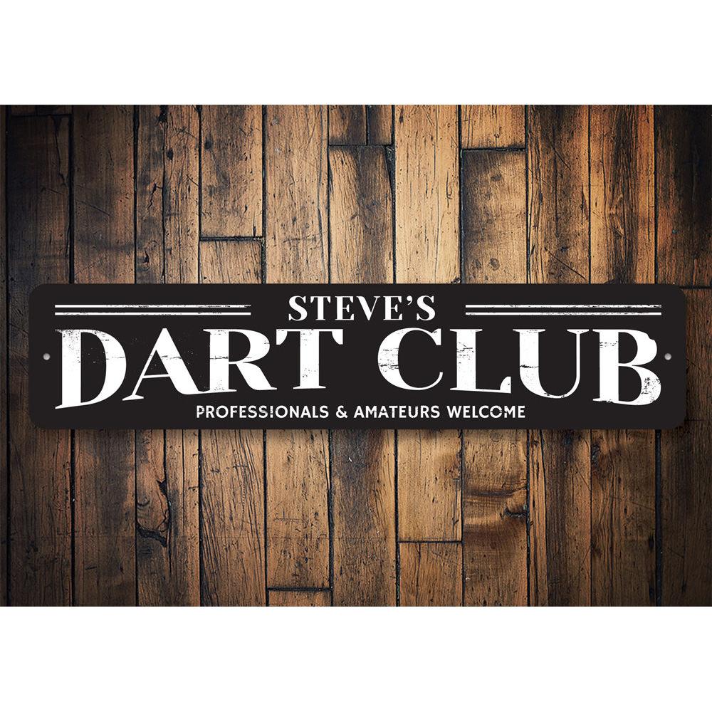 Customizable Dart Club Sign made of high-quality aluminum, featuring pre-drilled holes for easy mounting, perfect for game rooms.