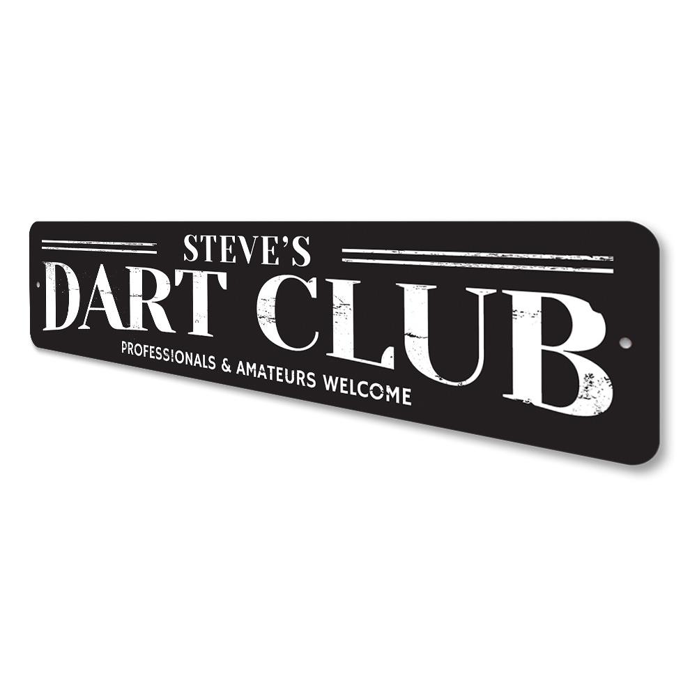 Customizable Dart Club Sign made of high-quality aluminum, featuring pre-drilled holes for easy mounting, perfect for game rooms.