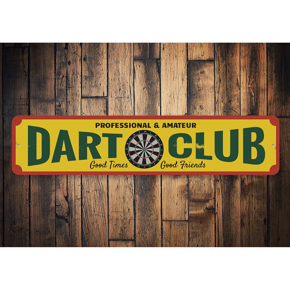 Customizable Dart Club Sign made of high-quality aluminum, featuring pre-drilled holes for easy mounting, perfect for game rooms.