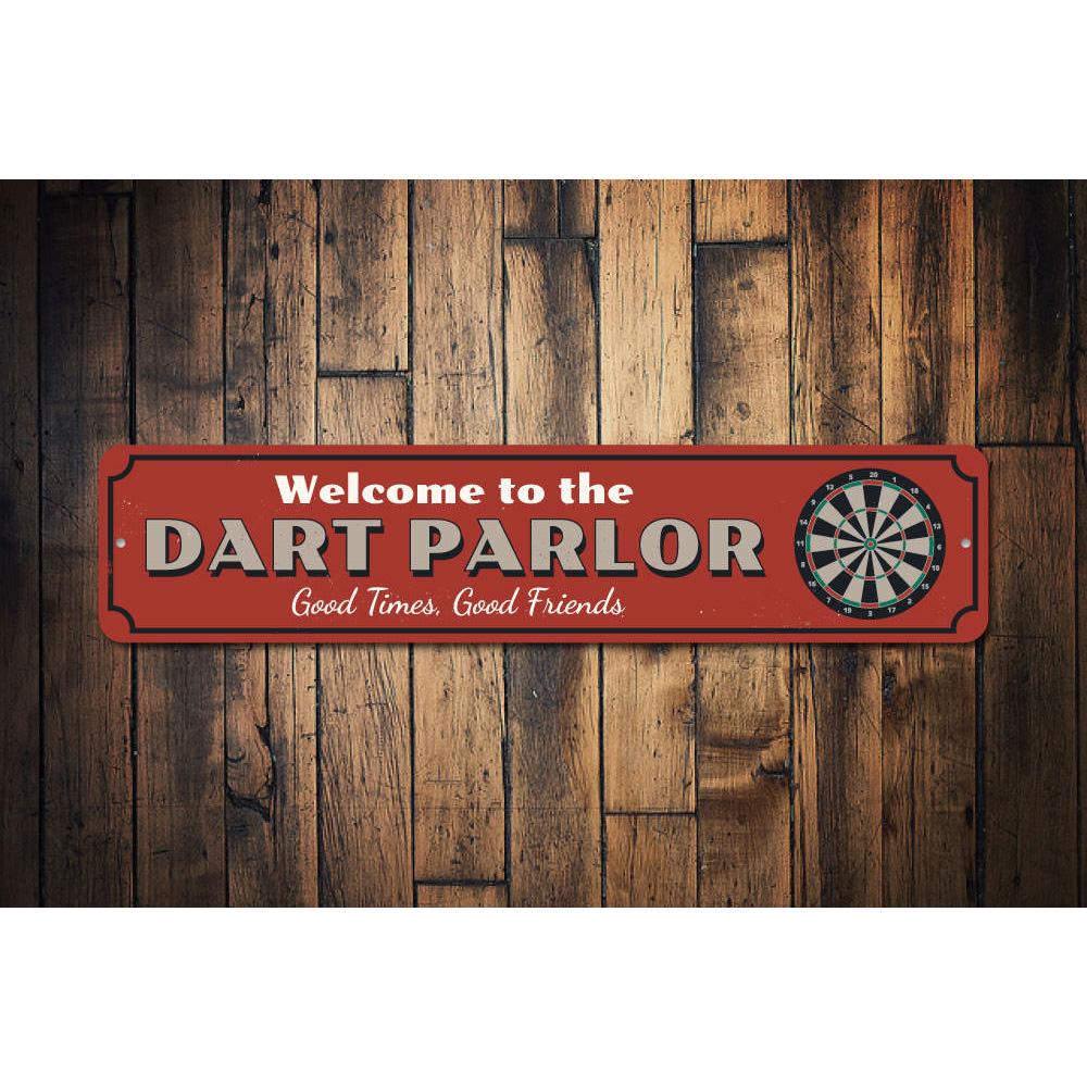 Dart Parlor Welcome Sign made of high-quality aluminum, featuring customizable text and pre-drilled holes for easy mounting.