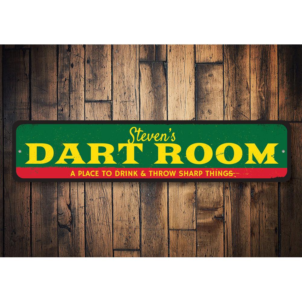 Customizable Dart Room Sign made from durable aluminum, featuring pre-drilled holes for easy mounting.