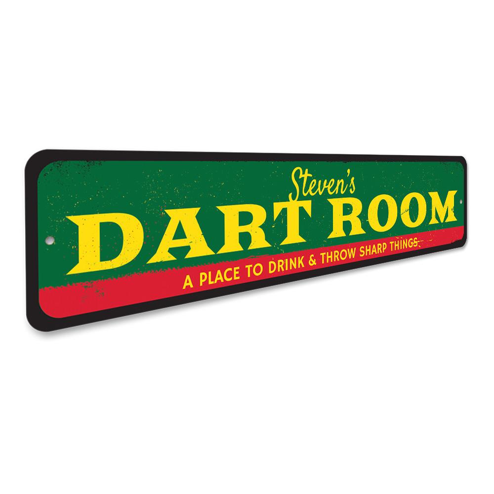 Customizable Dart Room Sign made from durable aluminum, featuring pre-drilled holes for easy mounting.