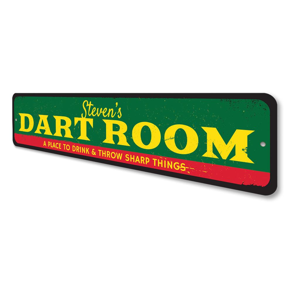 Customizable Dart Room Sign made from durable aluminum, featuring pre-drilled holes for easy mounting.