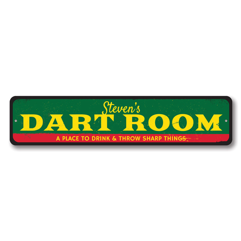 Customizable Dart Room Sign made from durable aluminum, featuring pre-drilled holes for easy mounting.