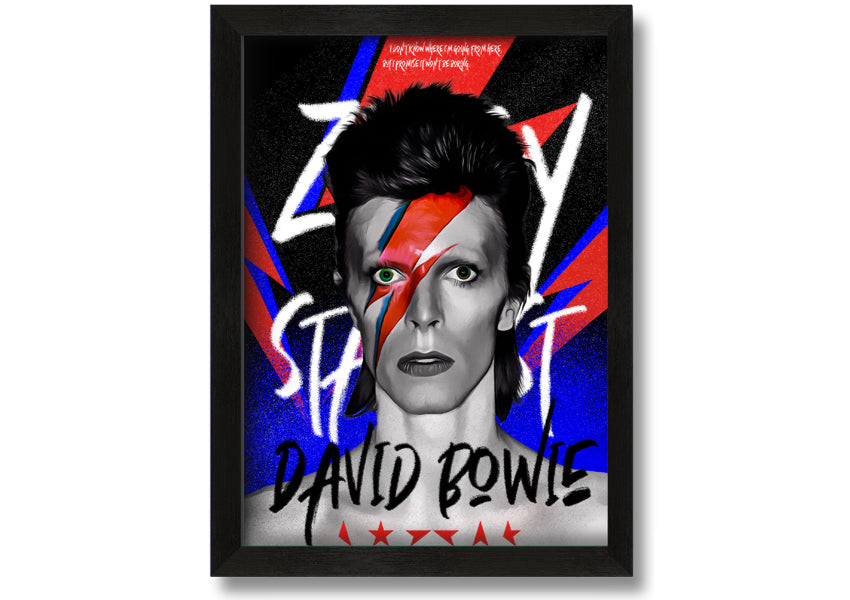 David Bowie Ziggy Stardust canvas art mounted on a 44mm box frame, featuring vibrant colors and iconic imagery.